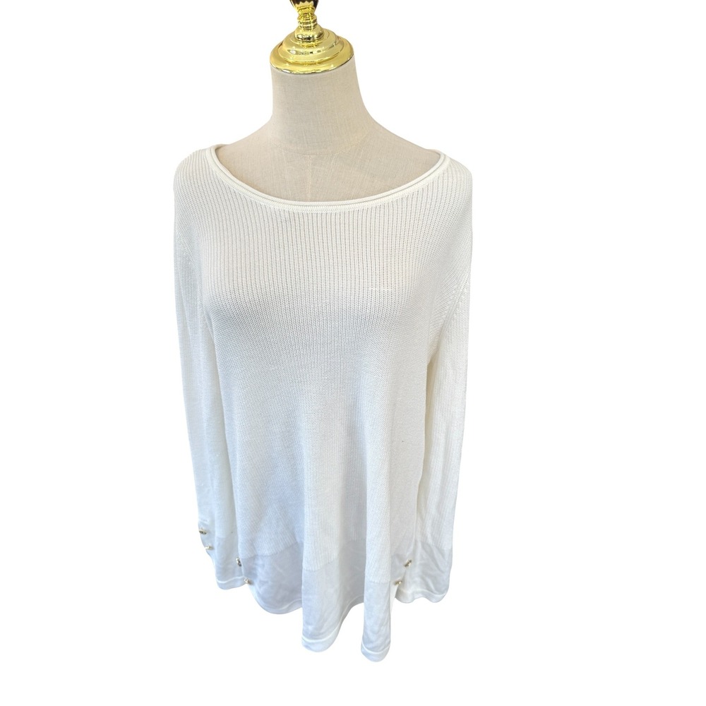 Calvin Klein Womens White Boat Neck Knit Sweater Gold Logo Button Cuff L‎